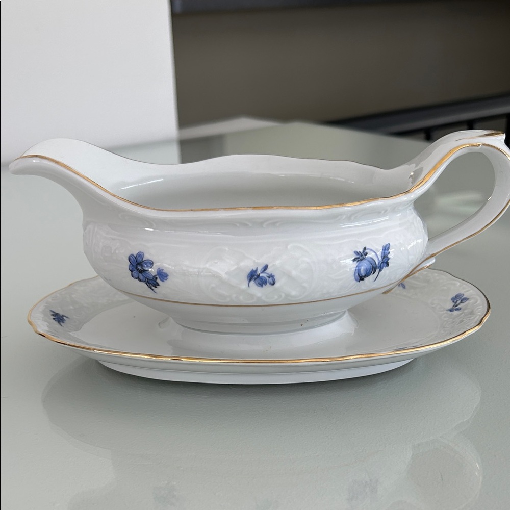 Bavarian China-Gravy Boat w/ Blue Floral Motif & Gold Trim